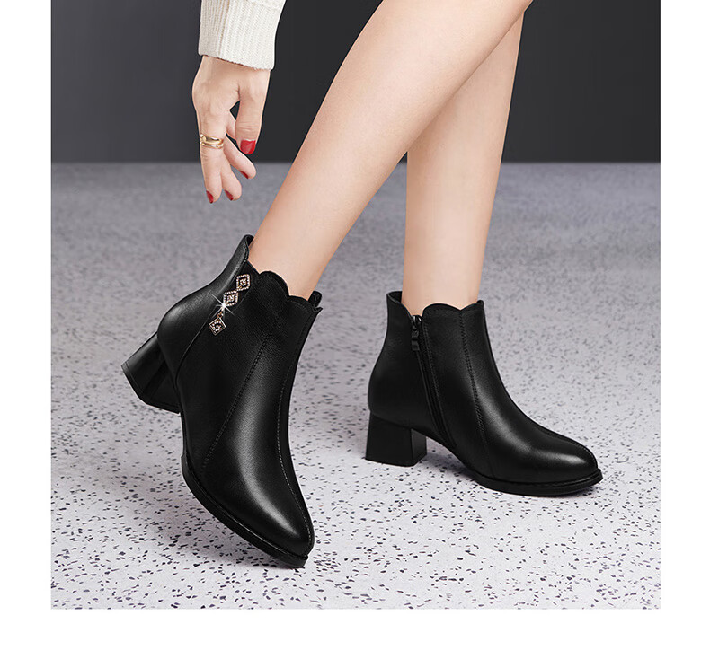 FUGUINIAO Genuine Leather Cowhide Women's Ankle Boots Autumn Winter Fleece Lined Warm Pointed Toe Chunky Heel Fashion Boots Black Size 35 7