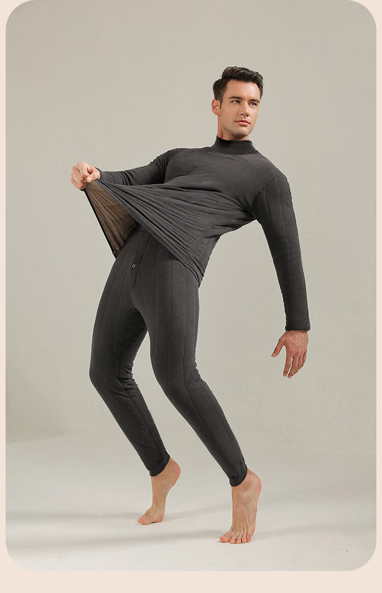 LangSha Thermal Underwear Extra Thick Plus Size Fleece-Lined Men's Wool Cold-Resistant Mid-Neck Thickened Warm Autumn Shirt and Pants Set Winter 12
