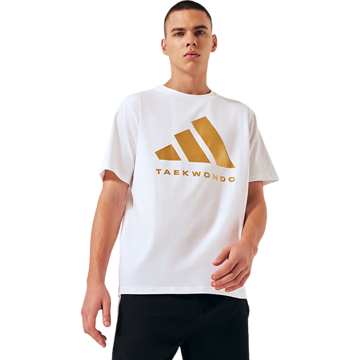 Adidas Men's Short-Sleeve T-Shirt for Spring And Summer, Casual Sports Breathable Lightweight Round Neck Tee, White/gold (Quick-Dry), 3XL