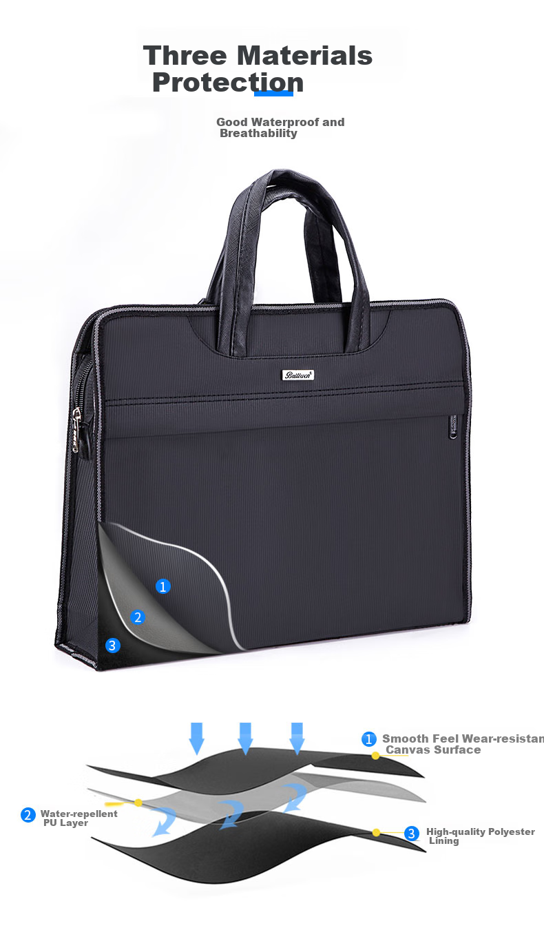 Bailiwen H8813 Black Handheld Thickened Laptop Bag, Business Briefcase, Large Capacity Commuter Bag, Document Bag, Men's Handbag, Conference Folder, Briefcase 4