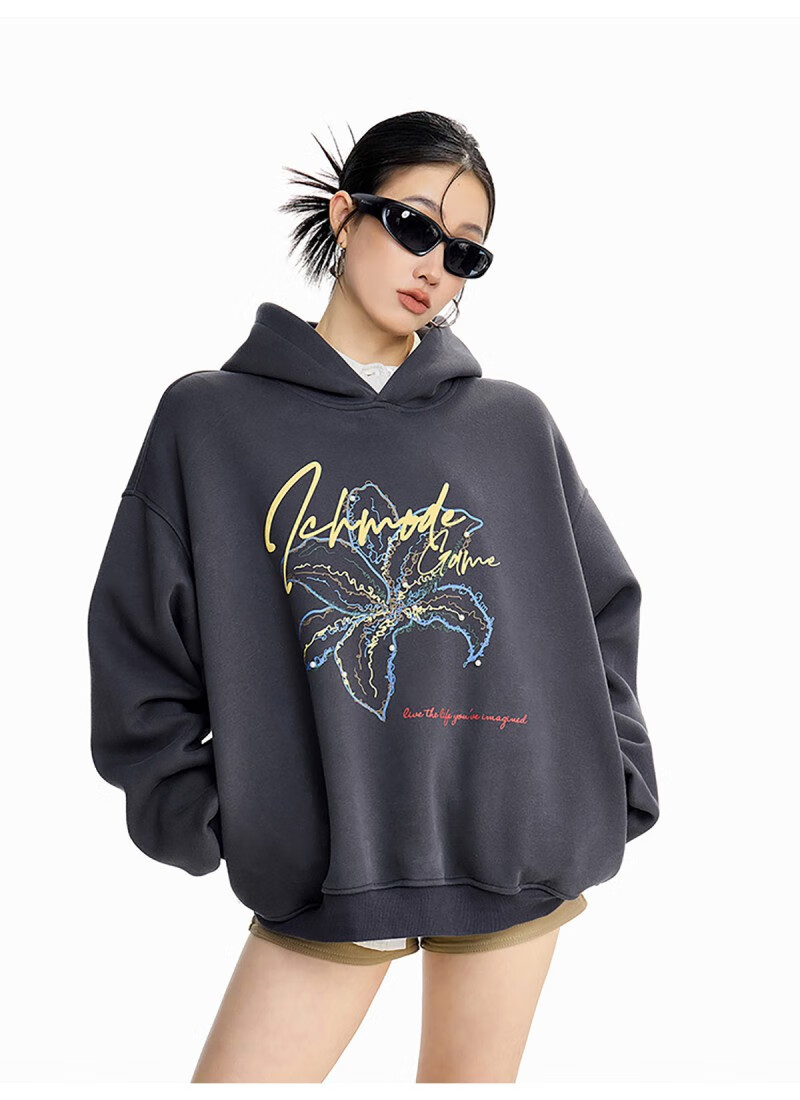 ICH MODE Women's American Style Hoodie Autumn Winter 2025 New Loose Pullover Jacket Top Dark Gray M 17