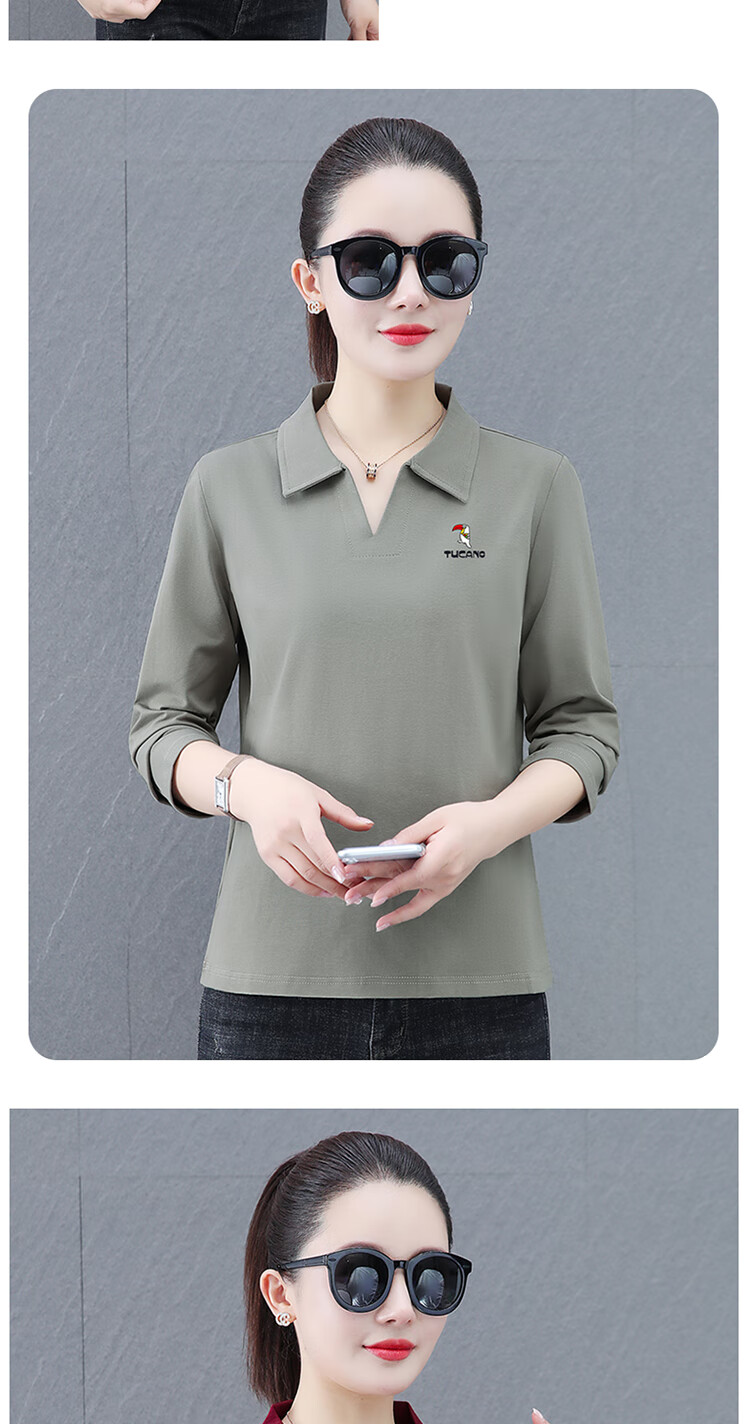 Woodpecker Women's Long Sleeve Polo Shirt Autumn New Pure Cotton Casual Plus Size Caramel L 6
