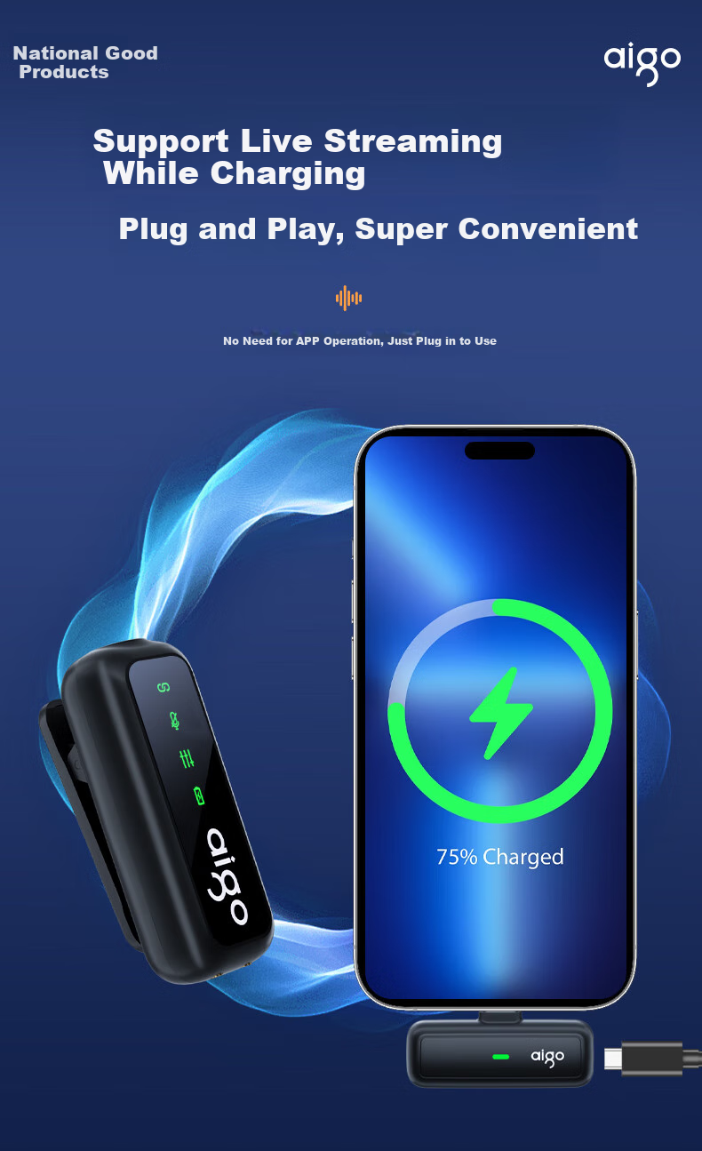 Aigo S16 Wireless Microphone, Clip-On Microphone with Two Mics, Small Bee Vlog Interview Outdoor Live Streaming Special Equipment, Mobile Phone Audio Microphone, Compatible with Apple And Android 8