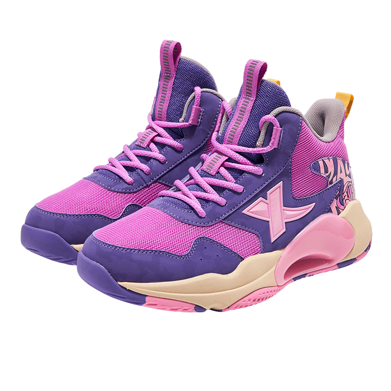 XTEP Kids Breathable Mesh Basketball Shoes Non-slip Wear-resistant Sports Shoes UV Light/Light Magenta/Hawthorn Pink Size 40