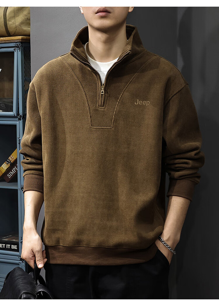 JEEP Men's Autumn Winter Zip-up Loose Long Sleeve Corduroy Thickened Warm Sweatshirt Black L 3