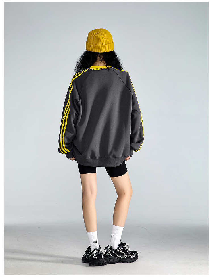 ICH MODE American Style Crewneck Pullover Sweatshirt Vintage Striped Women's Spring Autumn Long Sleeve Loose Sports Jacket Blue M 15