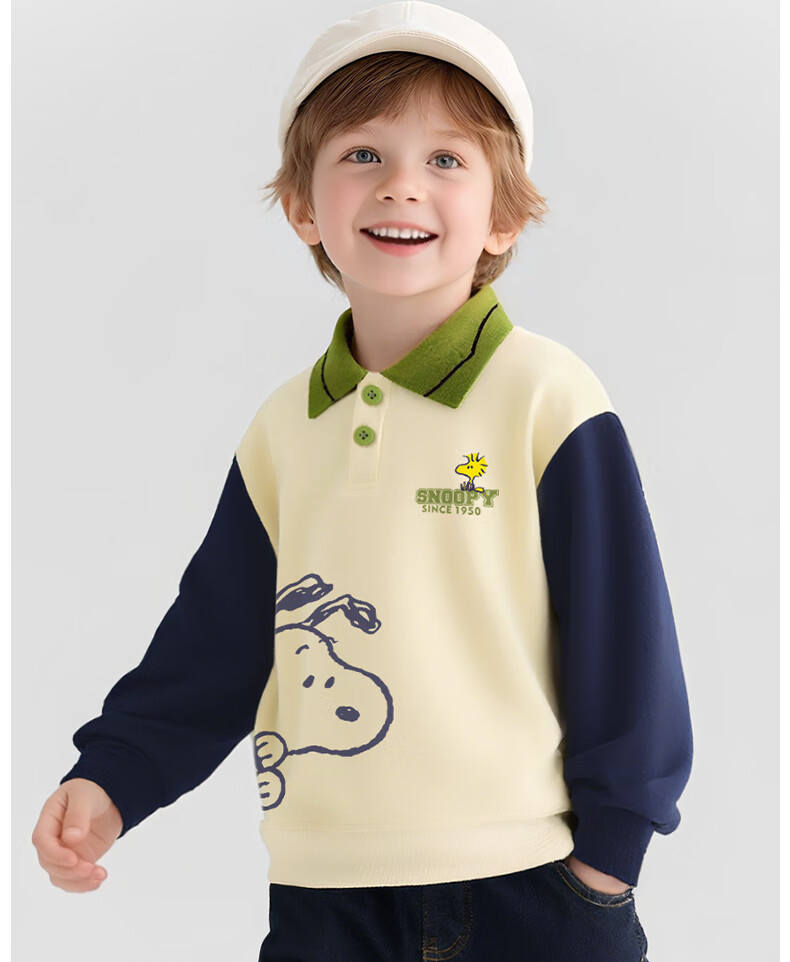 SNOOPY Children's Spring And Autumn Color-Block Lapel Sweatshirt, Fashionable Versatile Top for Boys And Girls, Huiqinuobi Blue, Size 120 2