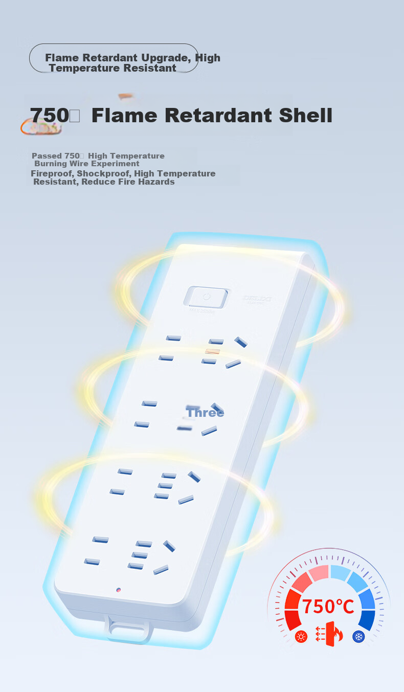 DELIXI 16A High-Power Air Conditioner Socket/power Strip/extension Cord with 3-Outlet Master Switch, Total Length 2.8 Meters 4