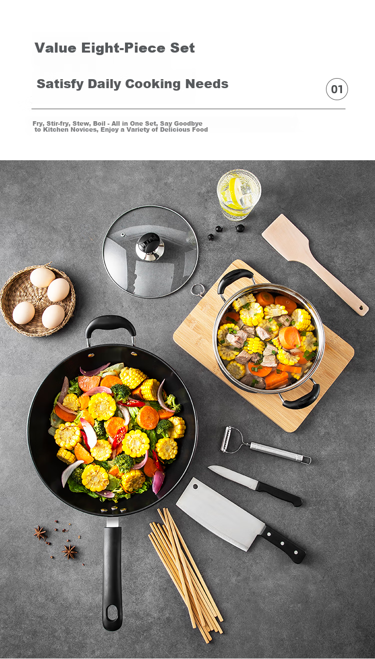 MAXCOOK Cookware Set Including Wok, Cutting Board, Chef's Knife, Fruit Knife, Scissors, Wooden Spatula, Spoon, Rice Spoon, 8-Piece Kitchen Utensil Set MCTZ005 3