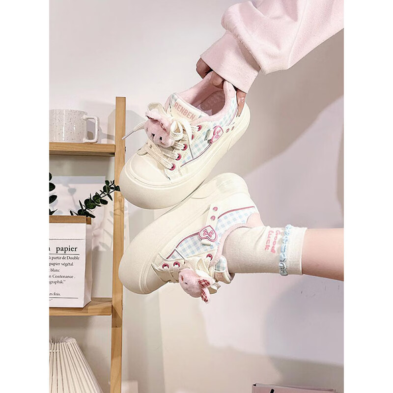 Renben Fleece-Lined Women's Cartoon White Shoes Winter New Cotton Shoes Thick Sole Casual Shoes White Blue Pink Cotton Shoes Size 35