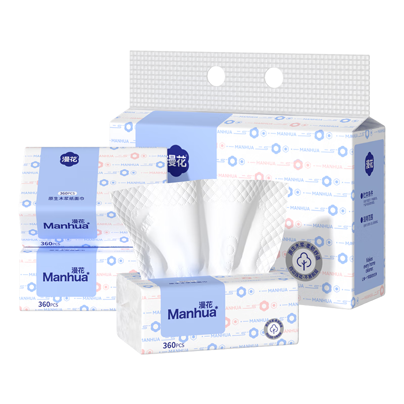 Manhua Cloud Pattern Blue Tissue Paper 5-Ply 360 Sheets * 6 Packs/Bundle Household Hand Wiping Toilet Paper Napkins Skin-Friendly Non-Irritating