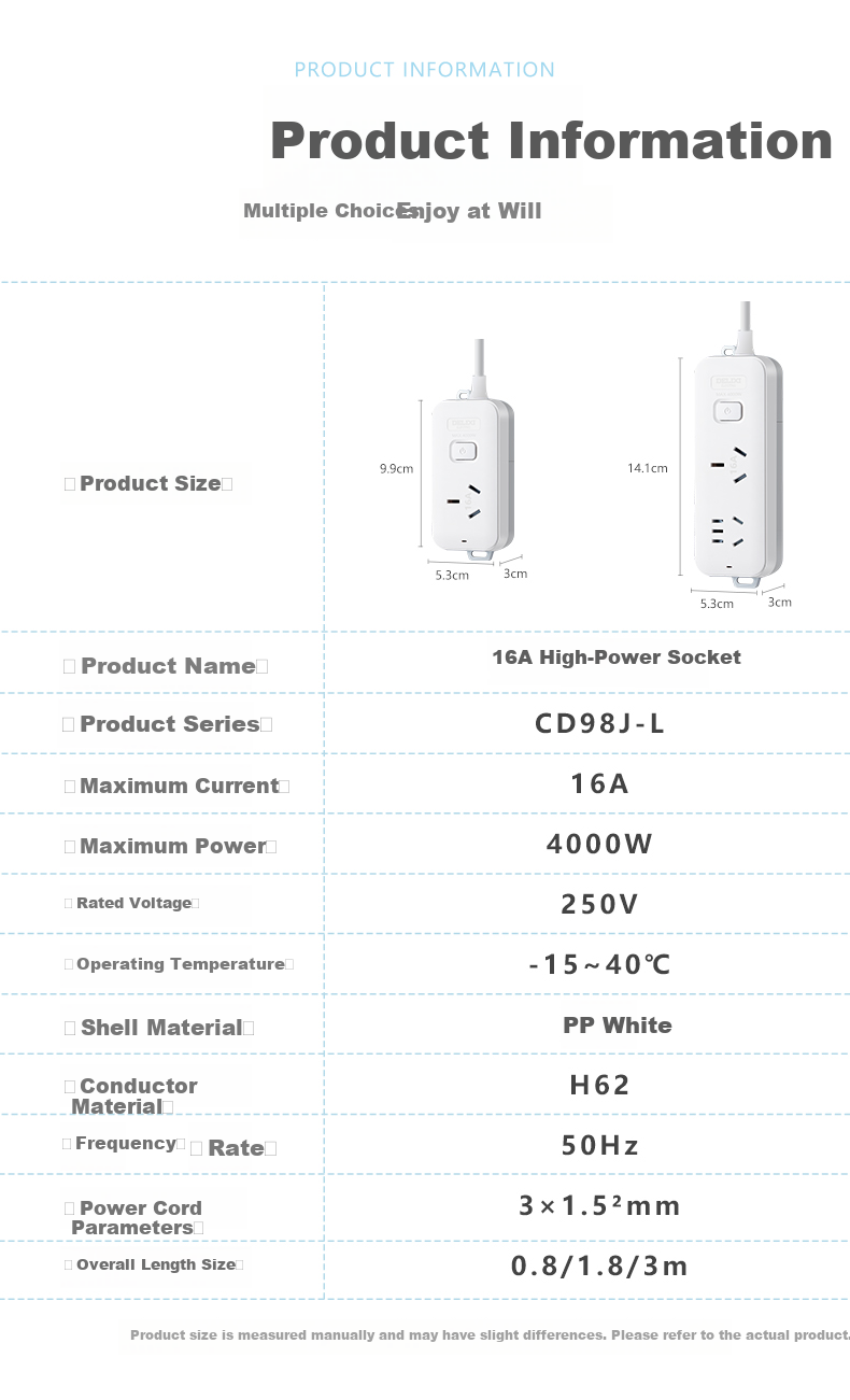 DELIXI 16A High-Power Air Conditioner Socket with 3C Certification, Power Strip with Switch/Power Bar/Extension Cord, 1 Master Switch, Total Length 0.8 Meters 10