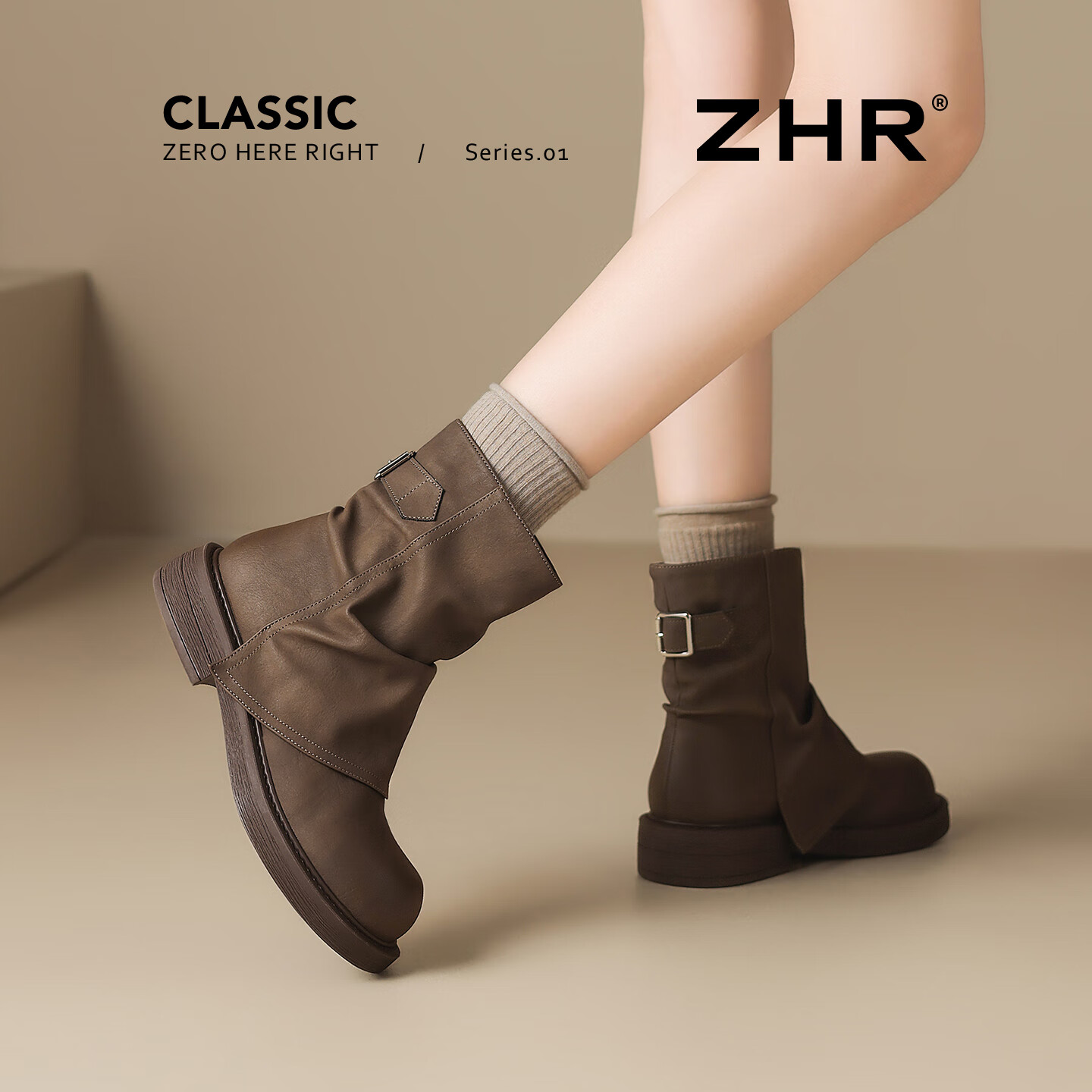 ZHR Women's Martin Boots 2025 New Retro Slimming Short Boots Height Increasing British Style Snow Boots KN191 Brown Size 37