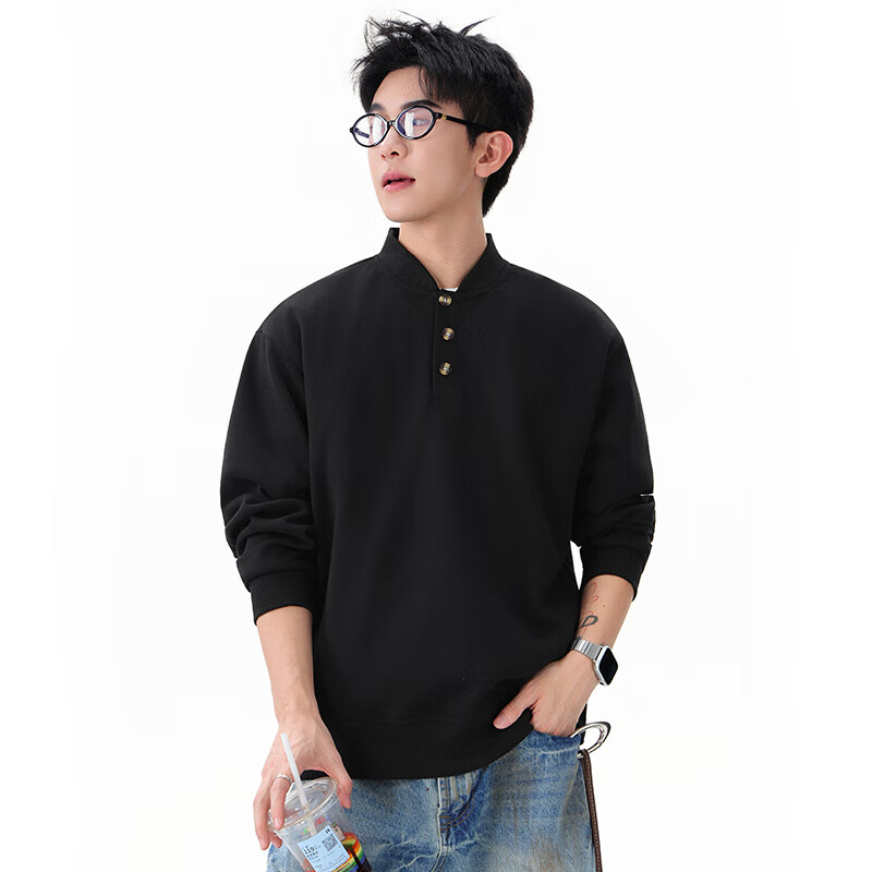Homlean Heavyweight Henry Collar Solid Color Sweatshirt Men Autumn Fashion Casual Loose Base Shirt HQ00 Black 4XL