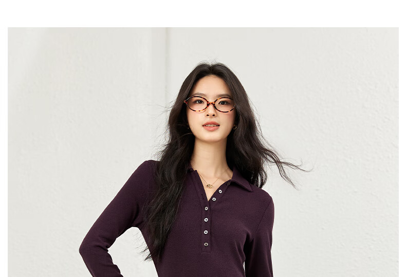 Fansiman Commuter Polo Collar Dress for Women Autumn New Slim Fit Shoulder Long Dress Mulberry Purple M 14