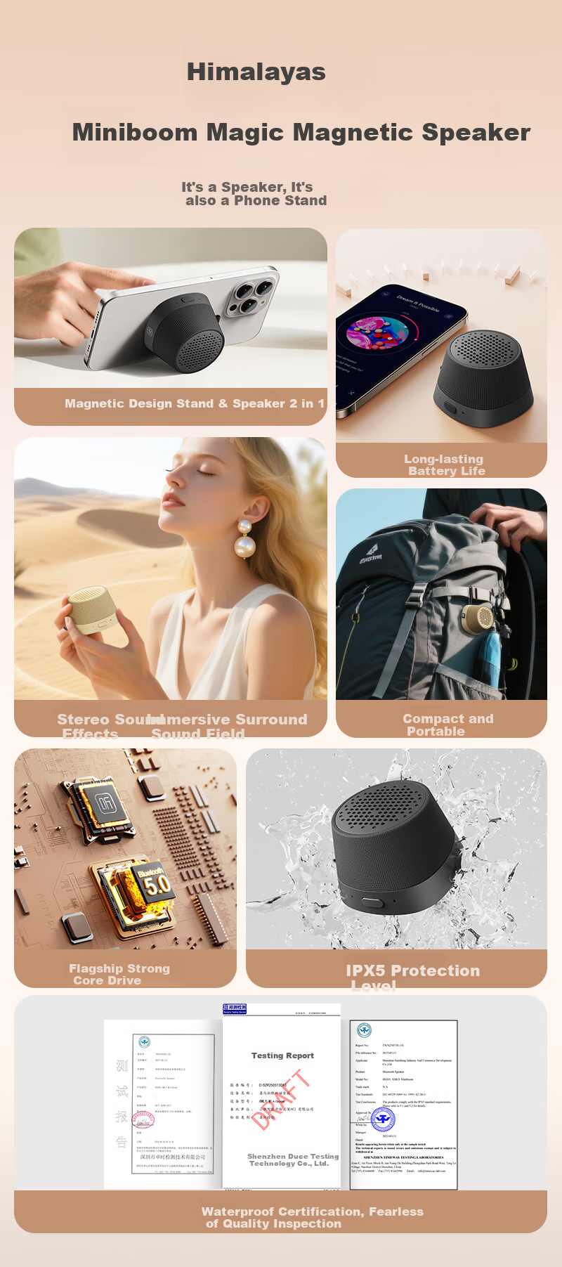 Ximalaya Heshengyin Mini Boom Magnetic Bluetooth Speaker, Compact Outdoor Portable Speaker, Splash-Resistant for Bathroom Use, Gift for Boys, Black with Free Monthly Membership Card 2