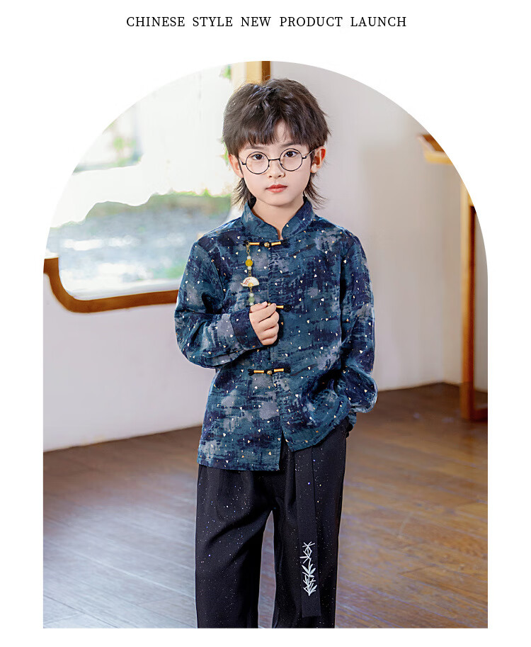 LUOBOBEIBEI Boys' New Chinese Style Hanfu Long Sleeve Suit Children's Hosting New Year Outfit Blue Three-Piece Set 150 8