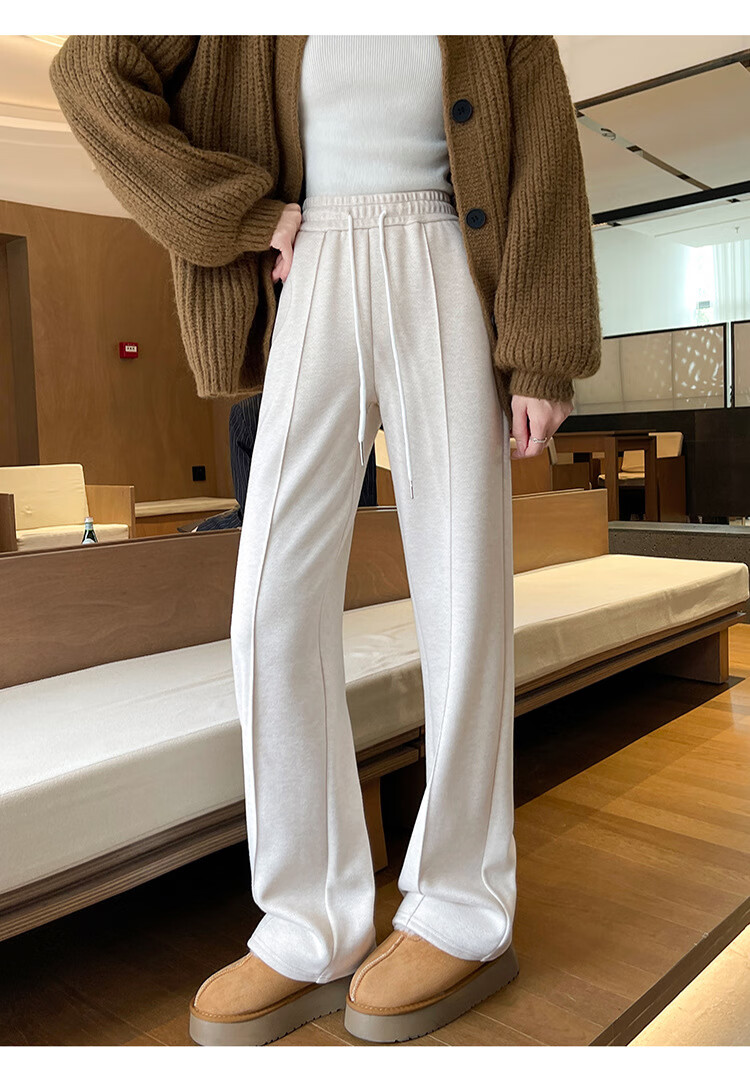 Langsha Wool Blend Wide-Leg Pants for Women Spring Autumn 2026 New Fleece-Lined Herringbone High-Waist Relaxed Trousers 12