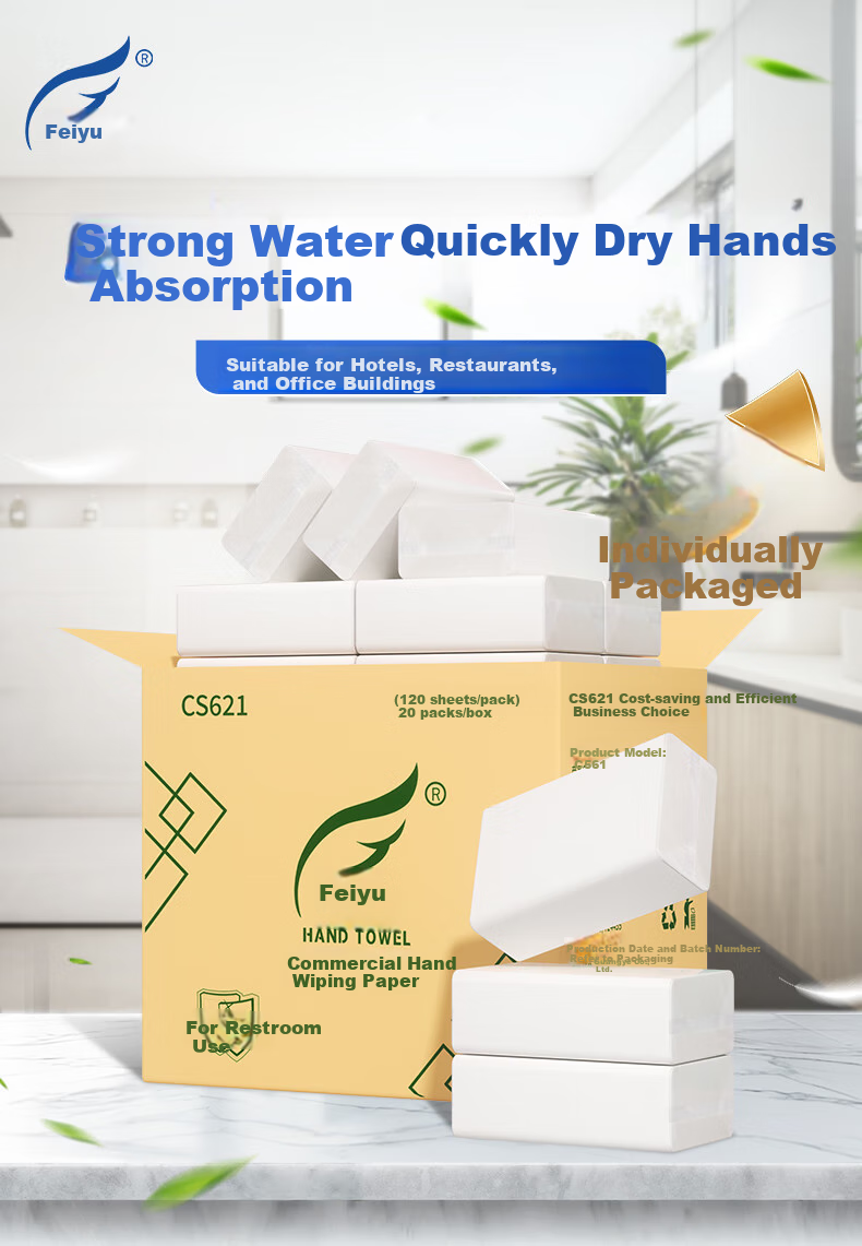 Feiyu Commercial Hand Towel Paper, 1-Ply, 120 Sheets*20 Packs, Quick-Drying Paper, for Hotels, Bathrooms, Shopping Malls, Kitchens, Whole Box CS621 1