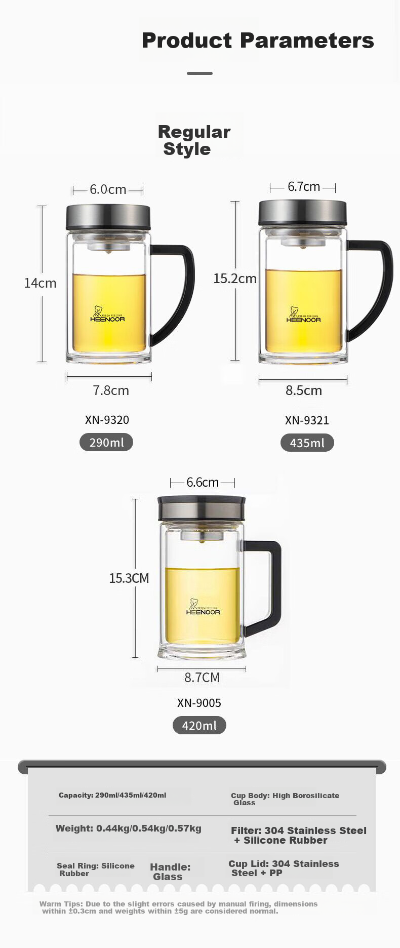 Heenoor Antibacterial Glass Cup, Double-Layer with Handle, Tea Infuser Mug for Men, High-Quality Water Cup, Mid-Autumn Festival Gift XN-9321KT 1