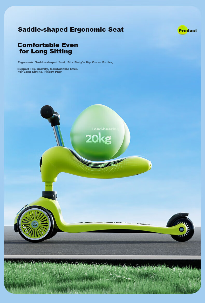 COOGHI Children's Scooter V2 Two-In Multifunctional Kids' Bike, Gravity Steering, Quiet, for Ages 1-5, Birthday Gift, Classic Gree 14