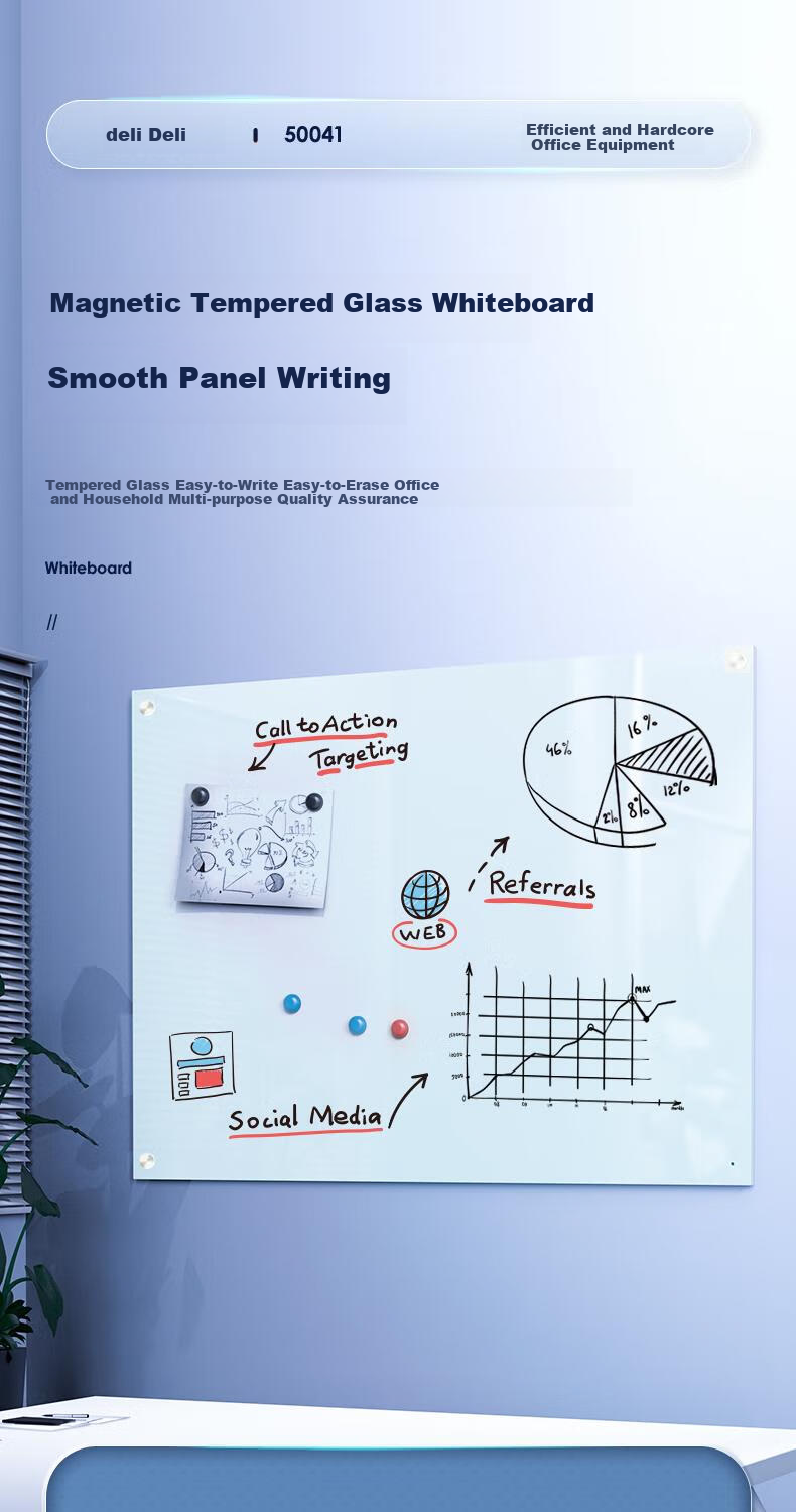Deli Wall-Mounted Whiteboard 180*90cm Magnetic Tempered Glass Hanging Whiteboard for Office Meetings Writing Board Blackboard (With Whiteboard Eraser, Whiteboard Markers, And Magnetic Pins) 50041 3