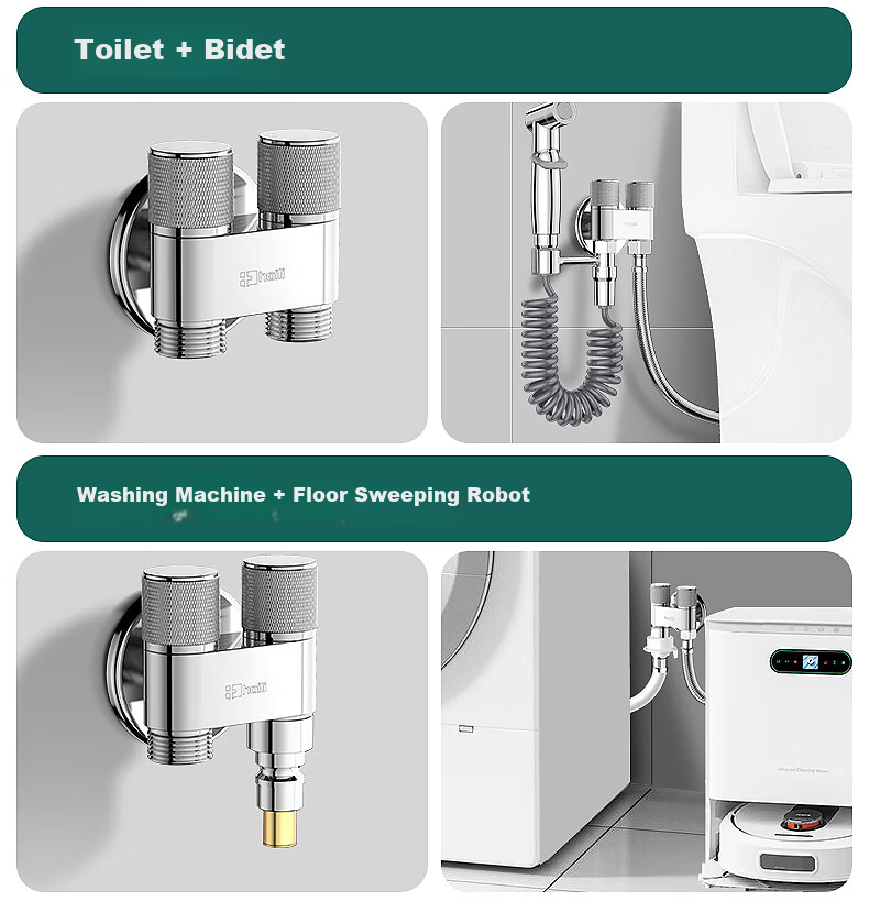 Haili Copper One-In Three-Way Angle Valve with Dual Control for Washing Machine Faucet, Detachable Water Stopper, 4/6 Points B22Q 6