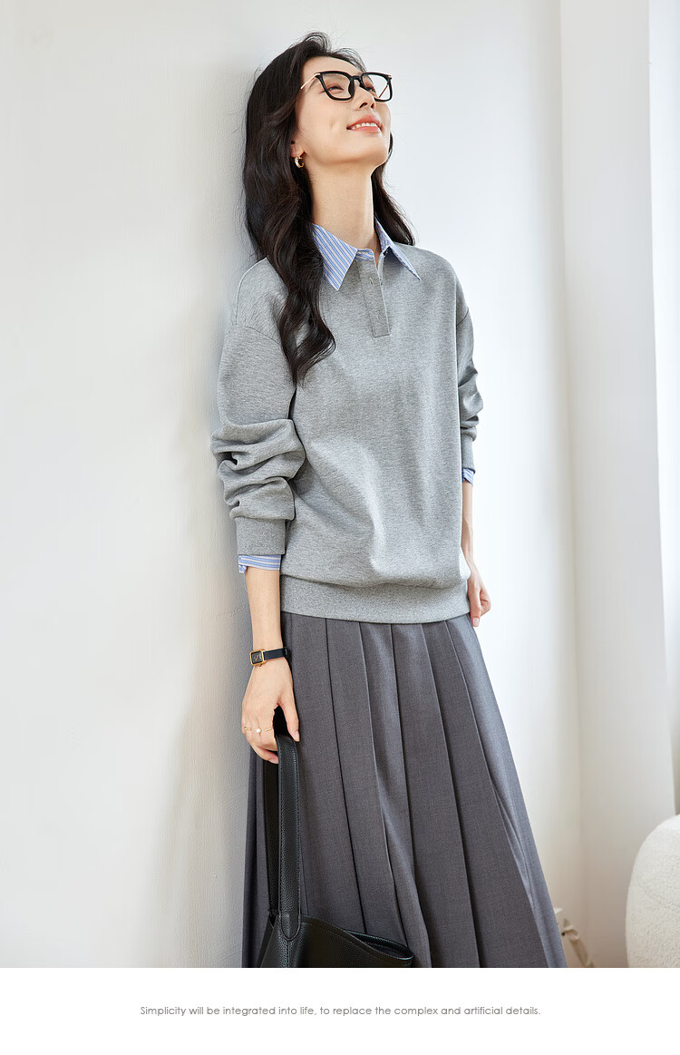 Fansiman Shirt Collar Spliced Fake Two-Piece Sweatshirt Women Autumn College Style Loose Long Sleeve Top Jacket Light Gray M 6