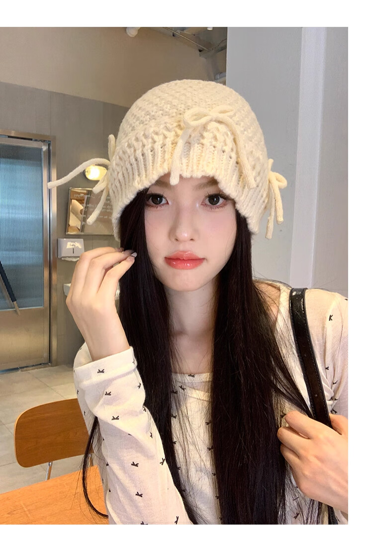 XUEXIMAN Ins Style Cute Bowknot Bucket Hat Women Versatile Sweet Knit Wool Hat Korean Autumn Winter New Hat 3
