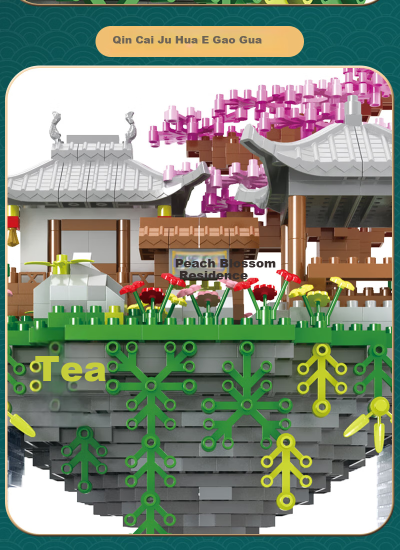 Miaoyan [2 Figurines] Peach Blossom Pond Architecture Compatible with Lego Building Blocks Display Set, Birthday Gift for Children Aged 7-14 6