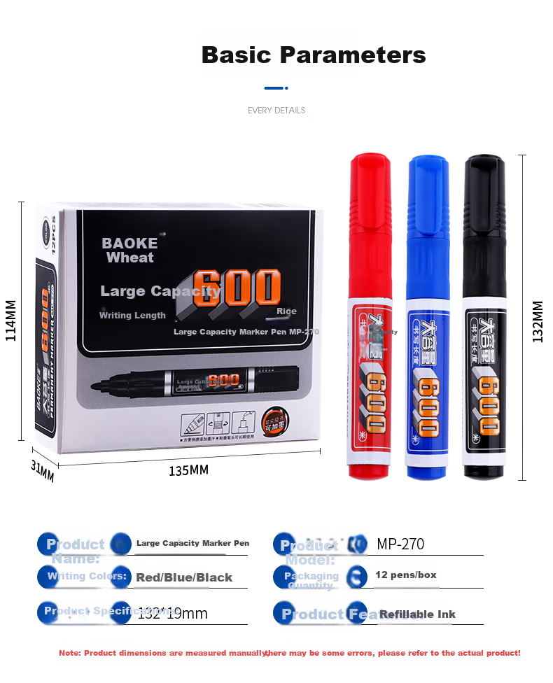 BAOKE MP270 Black Oil-Based Marker Pen, Chubby Tip, Thick Marker, Refillable Ink, 12 Pcs/box 2