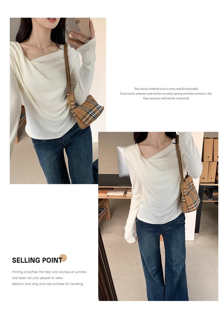 Woodpecker Dangling Collar Long Sleeve T-Shirt Women Autumn New Pure Desire Off-Shoulder Slim Fit Base Shirt Top Apricot XL 7