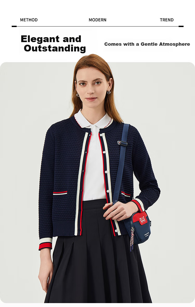 ELLE ACTIVE French-Style Elegant Waffle Cardigan for Women, Casual Commute Contrasting Color Soft Spring And Summer Sweater Jacket, Navy Blue, 2XL 1