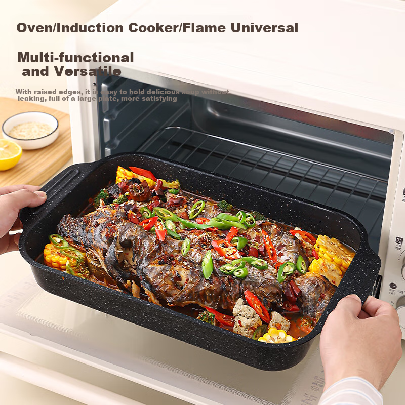Vnash Deep Square Fish Grilling Plate, Steaming And Baking Fish Pan, Snack Plate, Barbecue Grill, 40cm, Carbon Steel