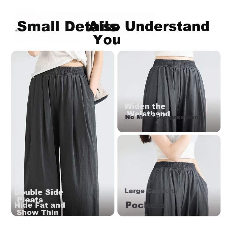 Baleno Ice Silk Cooling Wide-Leg Pants for Women, Summer Lightweight High-Waist Large Pocket Lazy Style Versatile Commuter Draping Long Trousers