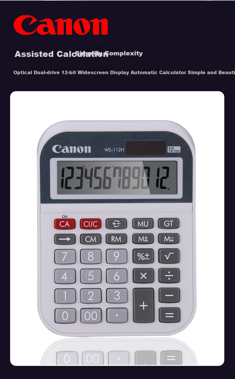 Canon WS-2212H Desktop Solar-Powered Wide-Screen Financial Business Calculator for Office, Large Size, Quick Calculation, Bank Multi-Function 12-Digit Dual Power Calculator 2