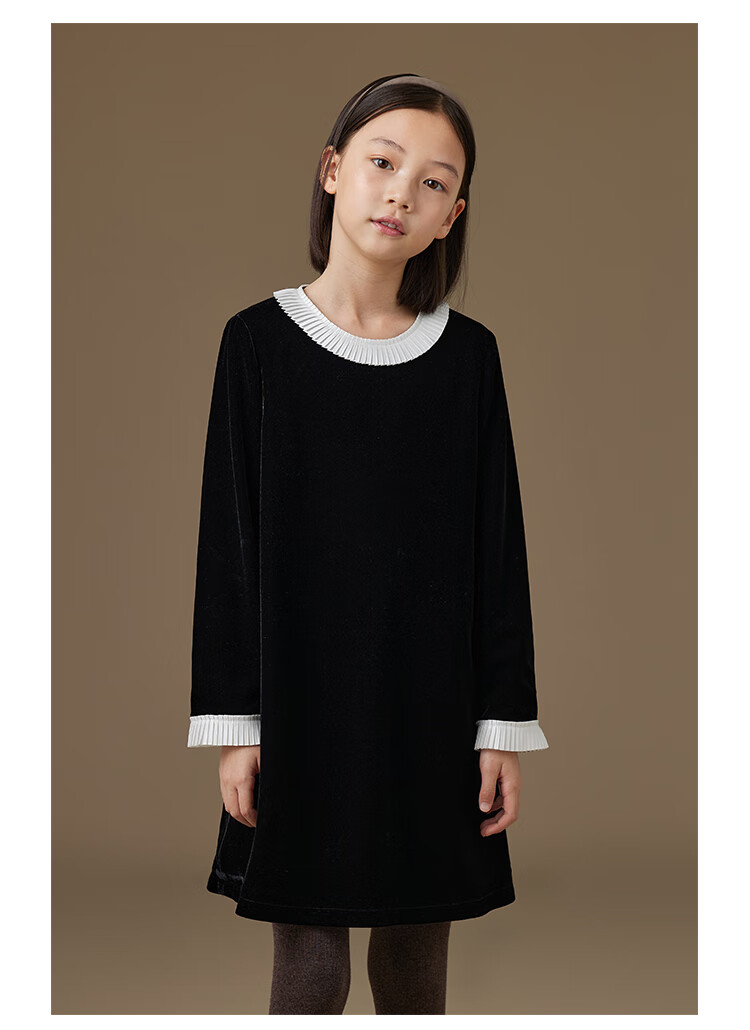 Hacikis Kids Autumn Winter French Hepburn Style Children's Lace Velvet Girls Long Sleeve Dress Thick Mousse Black 160 4
