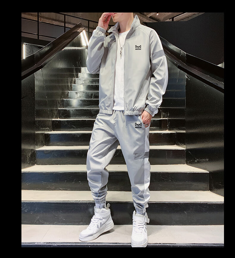 Miiow Men's Long Sleeve Set Spring Autumn Stylish Versatile Sports Stand Collar Jacket and Pants Two-Piece Set Gray 3XL 6