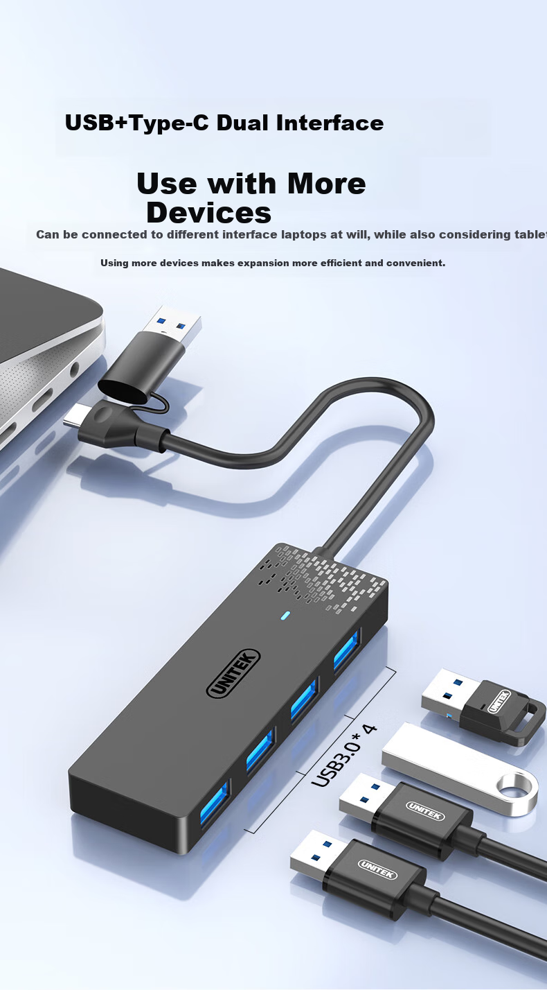 UNITEK USB 3.0 Hub Splitter with 4 Ports USB Expansion Adapter And Power Port USB/Type-C Dual-Port Connector Compatible with Laptops, Tablets And Smartphones Universal One-To Adapter 3