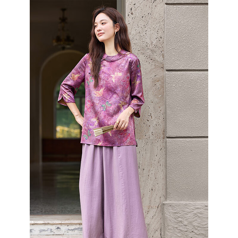 Fanximan New Chinese Style Women's Autumn Set Stand Collar Top Wide Leg Pants Set Purple Floral M