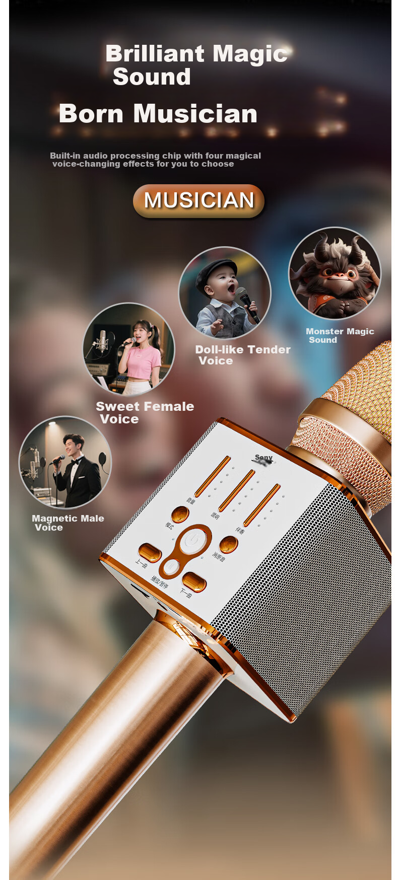 Soaiy MC20 Bluetooth Wireless Microphone, All-In Microphone for Speaker And Amplifier, Mobile Phone Live Streaming Recording Conference Microphone Karaoke Accessory, Champagne Gold 5