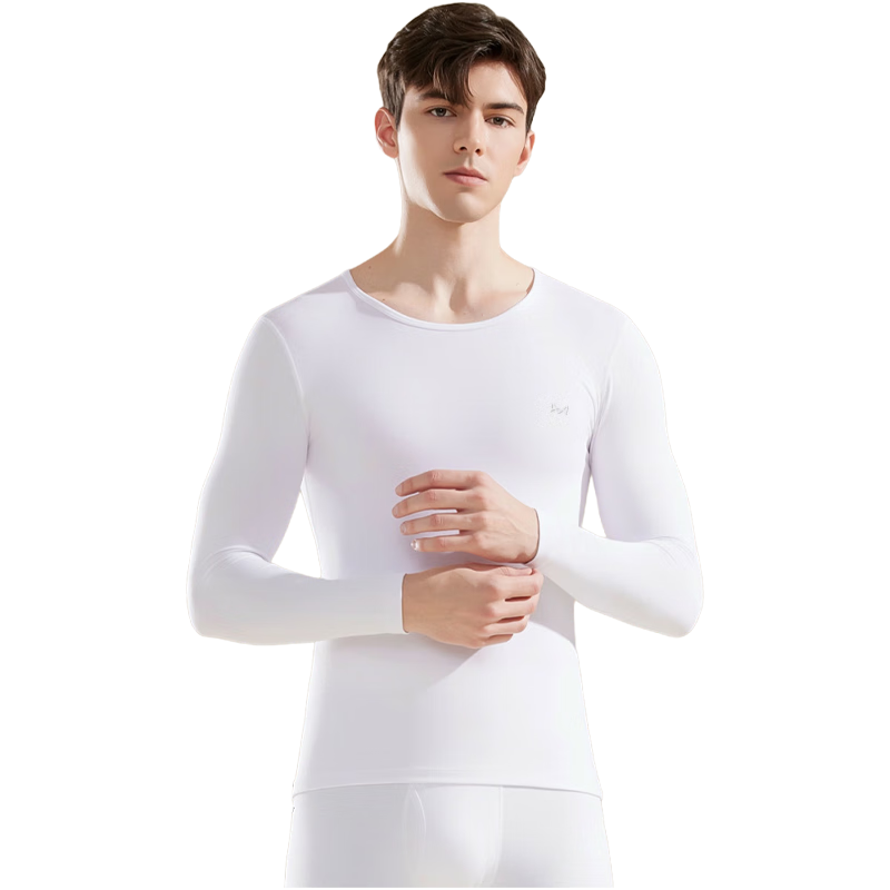 MiiOW Modal Thermal Underwear Men Ultra-thin High Elasticity Autumn Round Neck Long Sleeve Base Layer Top White XL