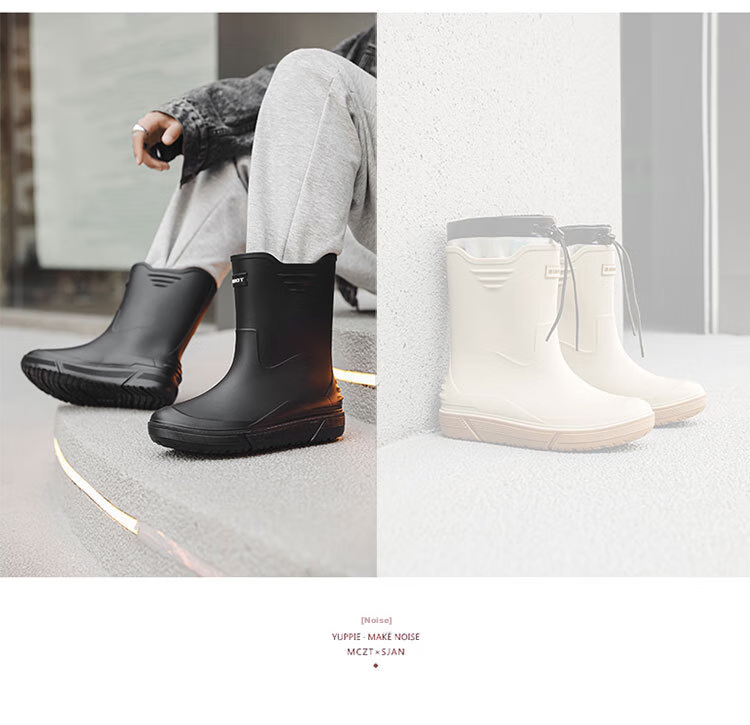 GUOLUOFEI Stylish Mid-Calf Rain Boots for Men, Thickened Sole Waterproof Non-Slip Fishing And Food Delivery Rubber Shoes, Rice Dumpling Color, Size 39 5