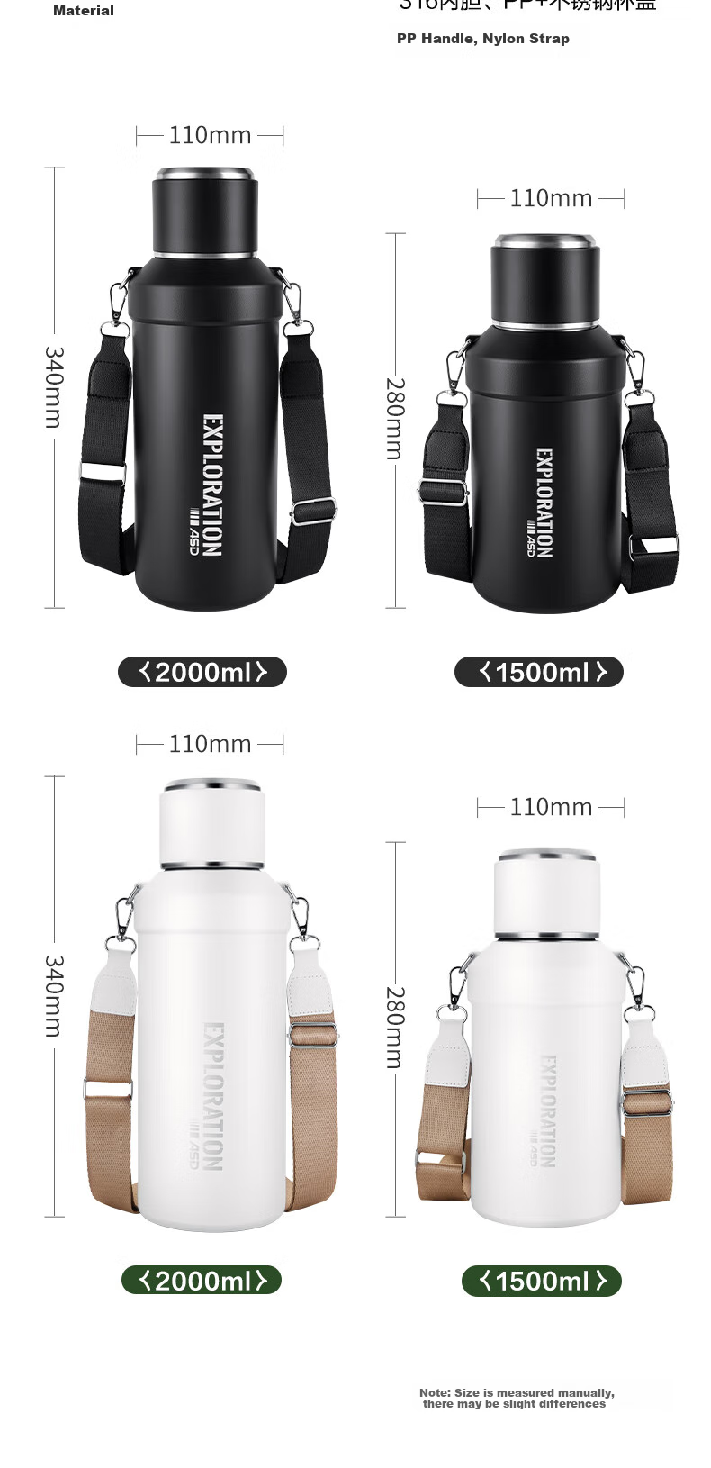 ASD Insulated Bottle, 316 Stainless Steel, Large Capacity Thermos, Car Cup, Water Bottle, Outdoor Travel Flask, Hot Water Thermos, Black 19