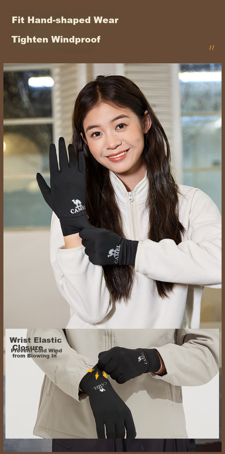 CAMEL Touchscreen Gloves for Men, Non-Slip, Fleece-Lined, Warm, Outdoor Sports Thin Gloves, Winter Women's A1W3GZ103 Ink Black L 8