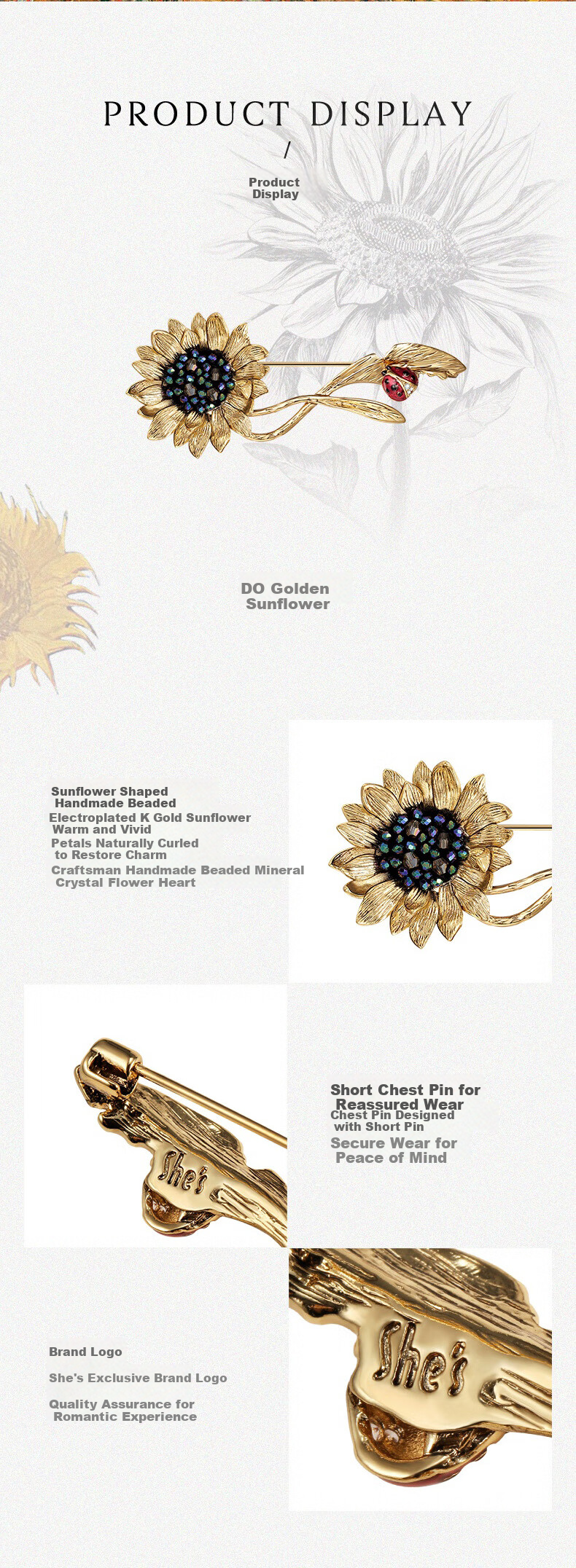She's Van Gogh Sunflower Handmade Beaded Vintage Ladybug Brooch Corsage Birthday Gift for Girlfriend 2