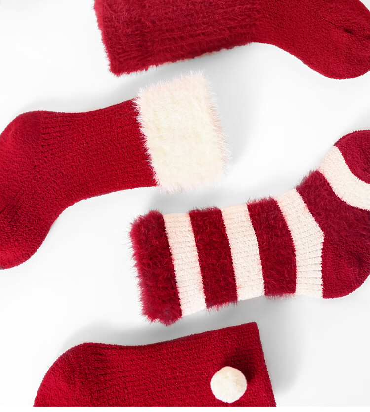 Five Cotton Flowers Children's Socks Red Socks for Birth Year Autumn Winter Baby Socks Fleece Thickened New Year Seamless Mid-Calf Baby Socks 7