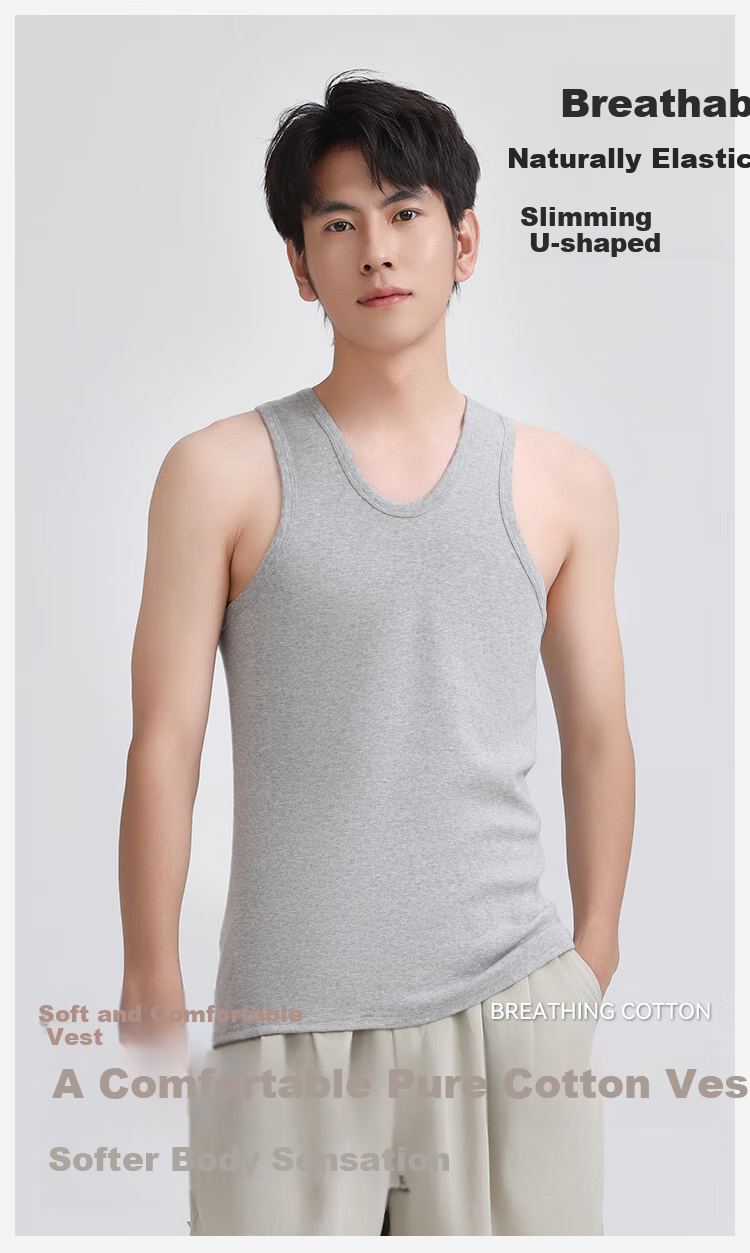 MiiOW 2-Pack 40s Combed Pure Cotton Men's Undershirt, Antibacterial Base Layer Tank Top T-Shirt, 1 White 1 Gray 2XL 2