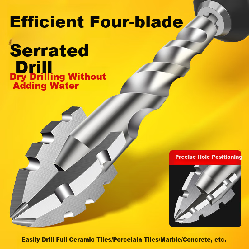 LiDiao Four-Blade Serrated Eccentric Drill Bit for Dry Glass, Marble, And Ceramic Tile Drilling, Hand Drill Specialized Adapter 10mm