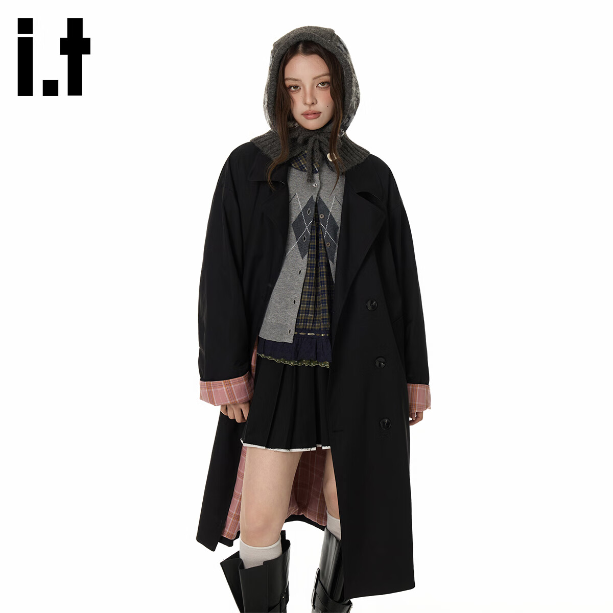 GROUND ZERO Unisex Autumn Mid-Length Trench Coat with Plaid Color-Block Lining Black 2XL